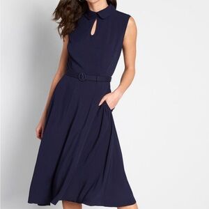 Modcloth X Collectif A-Line Navy Blue Dress with Belt | XS